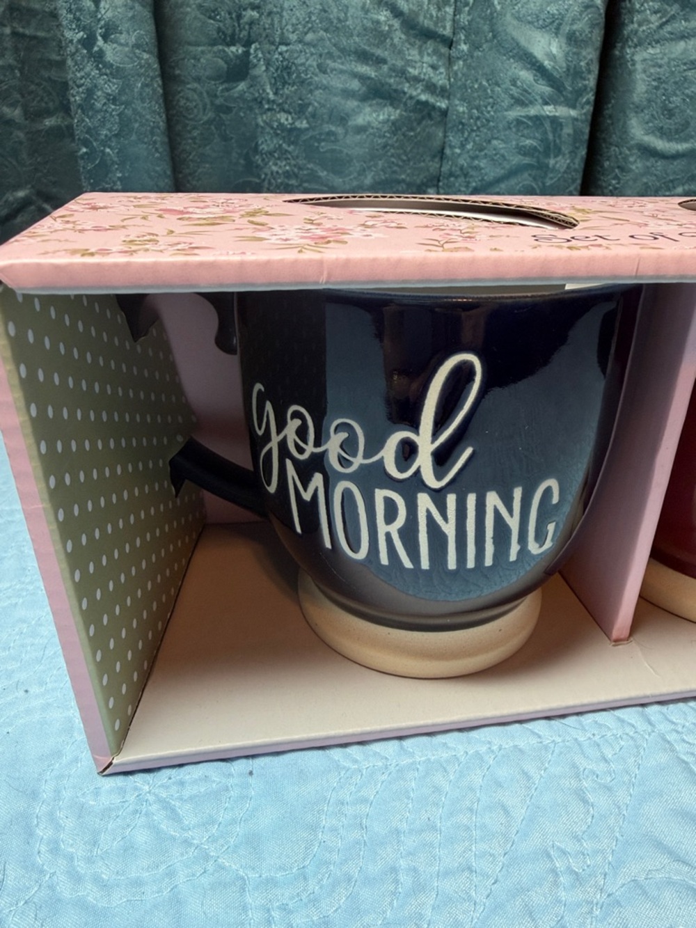 Good Morning & Hello Sunshine Ceramic Mug Set - Navy and Burgundy - Picture 2 of 4